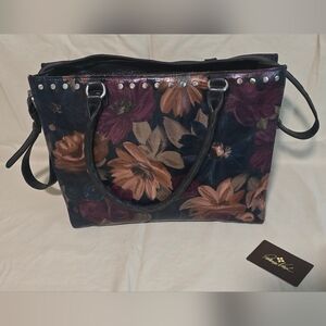 Floral Patent Leather Tote Bag in Burgundy and Tan